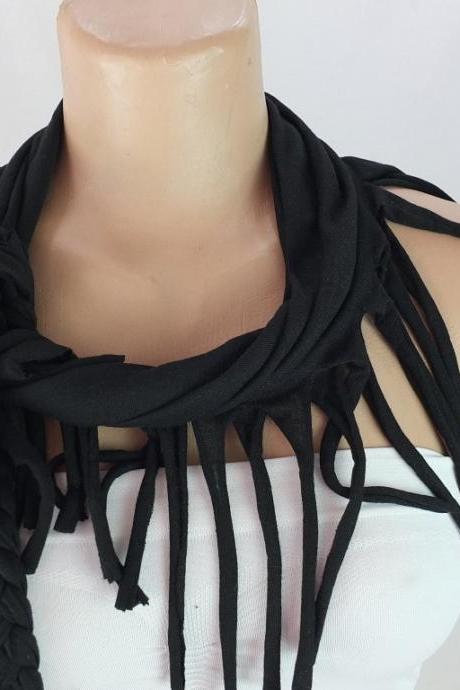 Black tshirt scarf with braided edges, Fringed scarf, Neckwarmer , Fabric scarf, Womens scarves, Christmas gift ideas for her