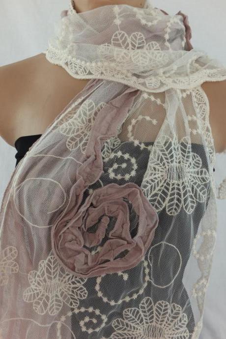 Woman fashion scarf , tulle and cotton scarf, dusty pink and cream shawl, long scarf shawl, lace cowl, gift for her