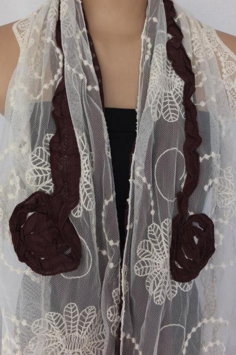 Rose scarf shawl, tulle and cotton scarf, brown and cream shawl, long scarf shawl, lace cowl, gift for her