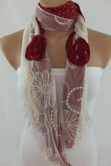 Deep wine and cream scarf/shawl, tulle and cotton scarf, womans elegant scarf, long scarf shawl, lace cowl, gift for her