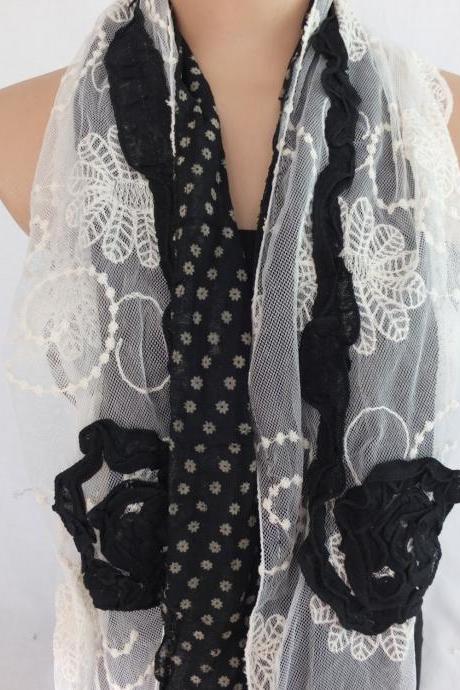 Woman fashion scarf , tulle and cotton scarf, black and cream shawl, long scarf shawl, lace cowl, gift for her