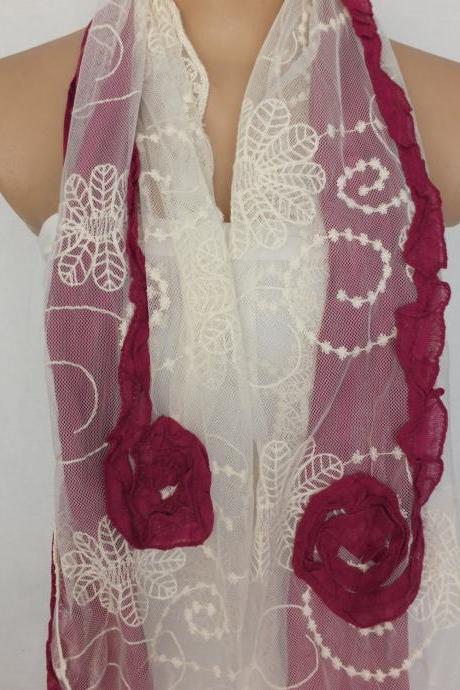 Burgundy rose scarf, tulle and cotton scarf, burgundy and cream shawl, long scarf shawl, lace cowl, gift for her
