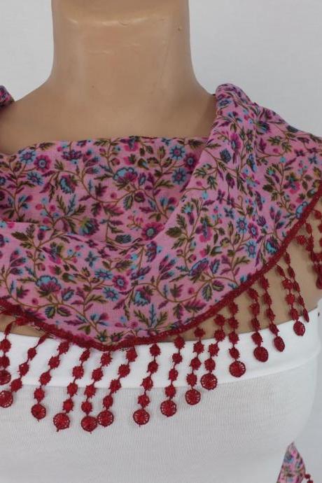 Pink floral scarf, cotton scarf, cowl with polyester trim,neckwarmer, scarf necklace, foulard,scarflette,