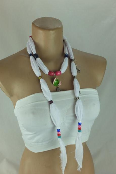 White scarf necklace ,beaded necklace, lariat necklace, womens necktie, Fabric Necklace, fabric belt, gift for her