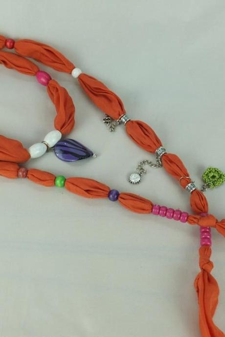 Burnt Orange scarf necklace ,beaded necklace, lariat necklace, womens necktie, Fabric Necklace, fabric belt, gift for her