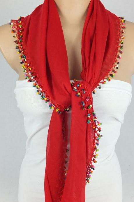 Red scarf with crocheted bead edges, Square head scarf,traditional Turkish scarf shawl, gift for her,