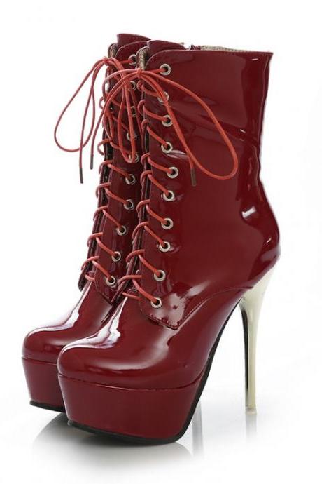 Sexy Red Lace Up High Heels Fashion Boots