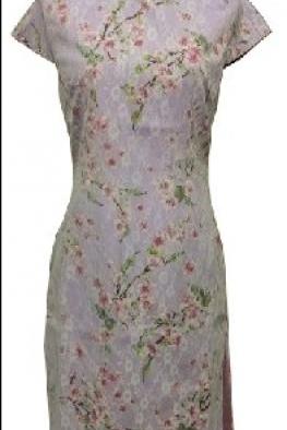Jasmine Oriental Floral Cheong Sum - Lilac Ground With Pink/white Floral Overlay With White Lace