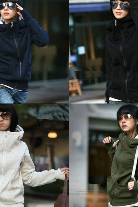 New Women's Zipper Long-Sleeve Hoodie Sweatshirt Jacket