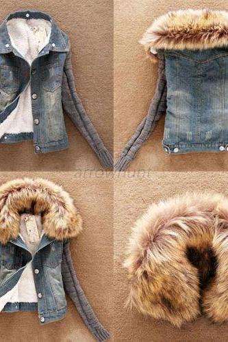 Winter Women Jeans Coat Fleece Short Denim Jacket