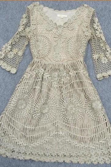 High-End Luxury Retro Heavy Water Soluble Spend Gold Thread Embroidery 7 Minutes Of Sleeve Dress