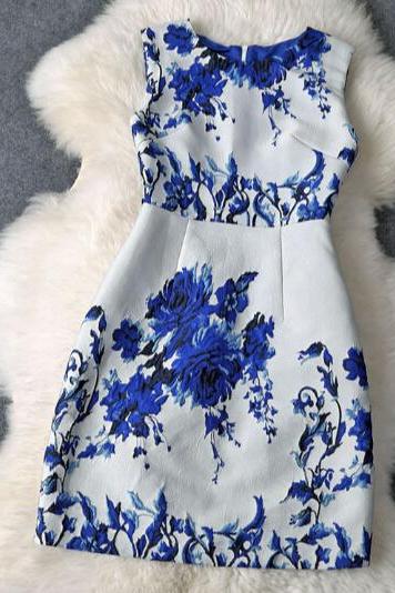 Elegant Round Neck Sleeveless Printed Dress Fg11102uy