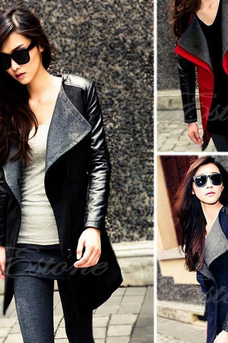 Women's Warm Wool Blend PU Leather Sleeve Long Coat Jacket