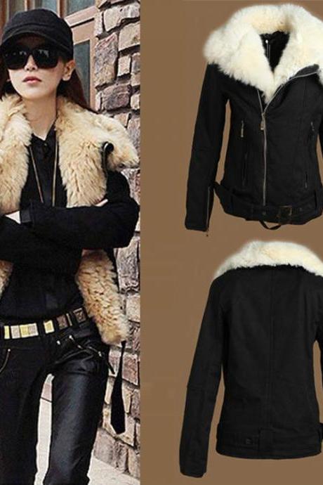 Women Winter Warm Lamb Wool Fur lapel Zipper Parka Coat Jacket