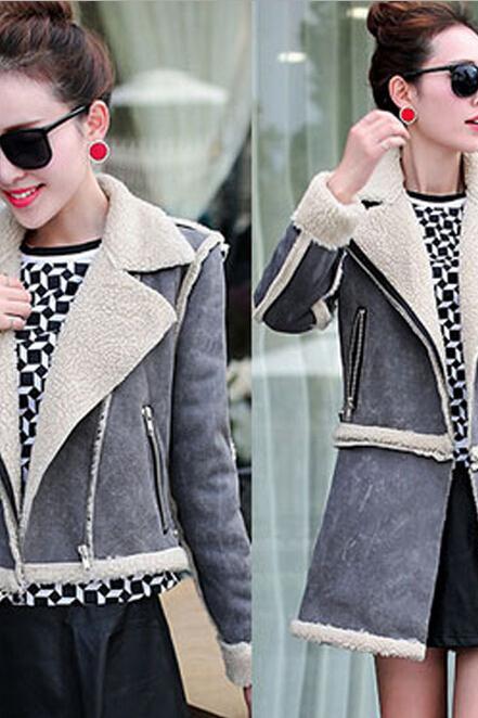 Women Fashion Winter Warm Lamb Wool lapel Zipper Parka Coat Jacket