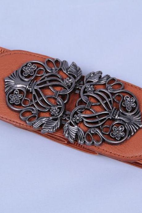 Elastic Woman Brown Belt With Alloy Flowers Buckle