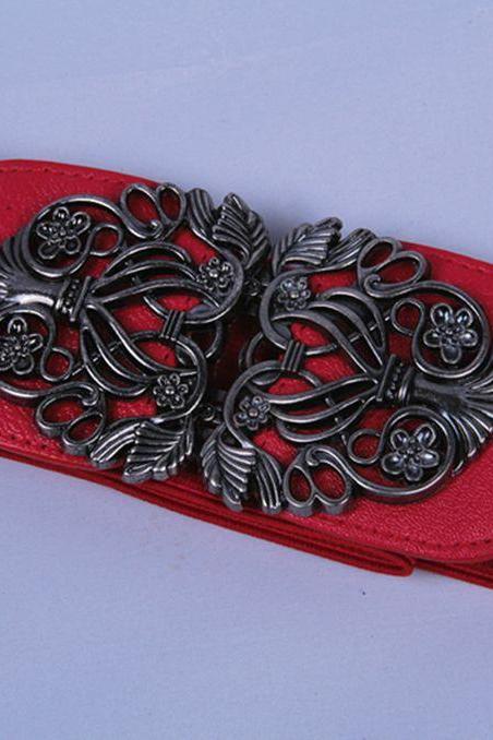 Elastic Woman Red Belt With Alloy Flowers Buckle