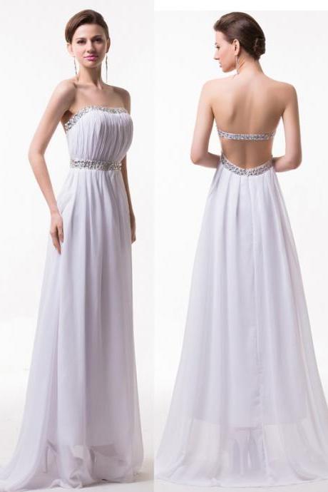 Sexy Backless Evening Dress,A-Line Chiffon Evening Dress,Elegant Long Evening Dress,Pleat Prom Dress