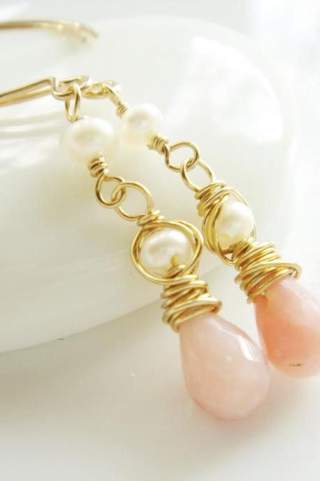 Dainty Peach Moonstone and Freshwater 14k Gold Filled Earrings