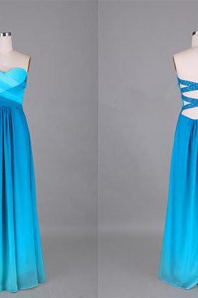 Unique Ombre Blue Sweetheart Beading Open Back Long Prom Dress/Wedding Party Dress/Bridesmaid Dress/Sexy Evening Dress/Prom Dresse