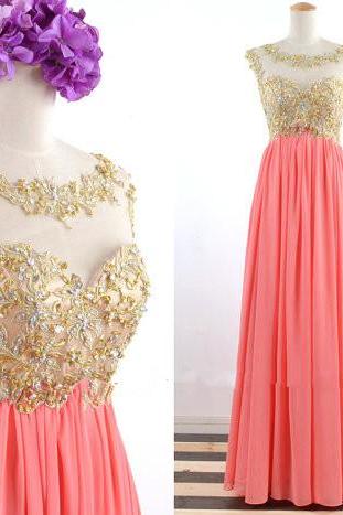 Handmade Gold Applique with Crystal Long Coral Prom Dresses 2015, Coral Open Back Formal Dresses, Long Chiffon Wedding Party Dress, Coral Long Prom Gown