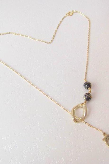 Elegant Dolphin Lariat Necklace - 14K Gold-plated chain with Japanese beads & Dolphin