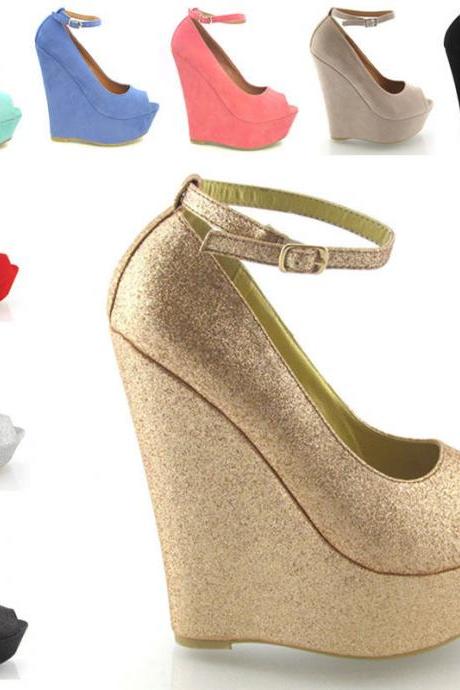 LADIES HIGH HEEL PLATFORM WOMENS PEEP TOE ANKLE STRAP WEDGE SHOES