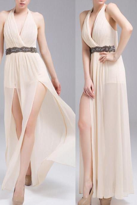 Chiffon Plunge V Halter Strap Floor Length A-Line Evening Dress Featuring Beaded Embellished Belt and Slits 