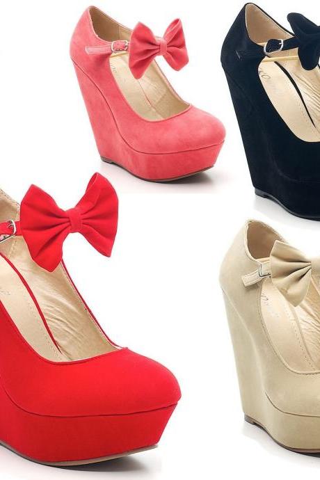 Ladies Faux Suede Platform Mary Jane Bow High Wedge Shoes