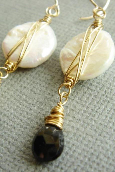 Eliza Elegant Black Spinel and Freshwater Pearl 14k Gold Filled Earrings