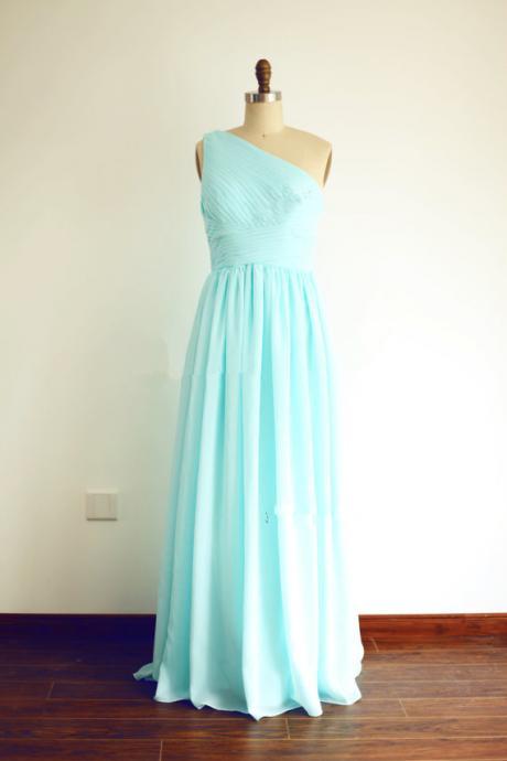 Elegant Blue Long Chiffon One Shoulder Bridesmaid Dresses, Bridesmaid Dresses, Prom Dresses 2015, Prom Dresses 2015, Prom Gown, Custom-made Prom