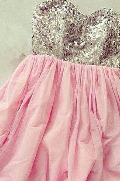 Lovely Short Pink Chiffon Prom Dresses with Sequins, Cute Pink Sequins Homecoming Dresses, Homecoming dresses, graduation dresses