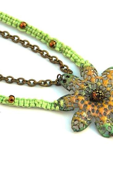 Green Yellow Square Knot Macrame Necklace With Hand Enameled Iron Pendant