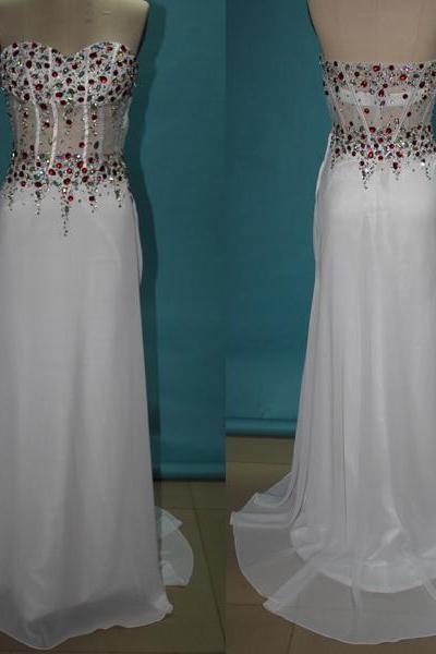 White Long Prom Dresses, Straps Prom Gowns,beaded Evening Dresses, Backless Evening Gowns, Cocktail Dresses Custom,dresses For Wedding