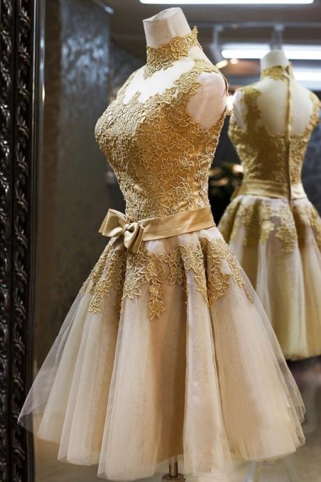 Lovely Champagne Ball Gown Mini Lace Party Dresses, Cute Prom Dresses, Homecoming Dresses, Prom Dress 2015, Graduation Dresses