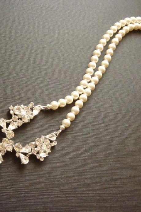 Hester Matching Vintage Style Pearl CZ Necklace and Earrings Bridal Set