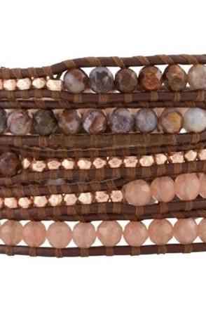 Beaded Wrap Bracelet - Pink Rose Jade, Agate Mix On Brown Leather - Artisan Boho Jewelry; Gift Idea For Her; Mother&amp;amp;#039;s Day