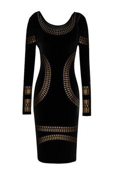 Elegant Long Sleeve Metallic Gold Design Dress In Black And White