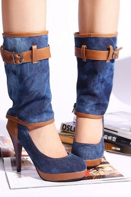 2 Ways Womens Goth knee high boots opentoe Deinm court platform heels Boat shoes