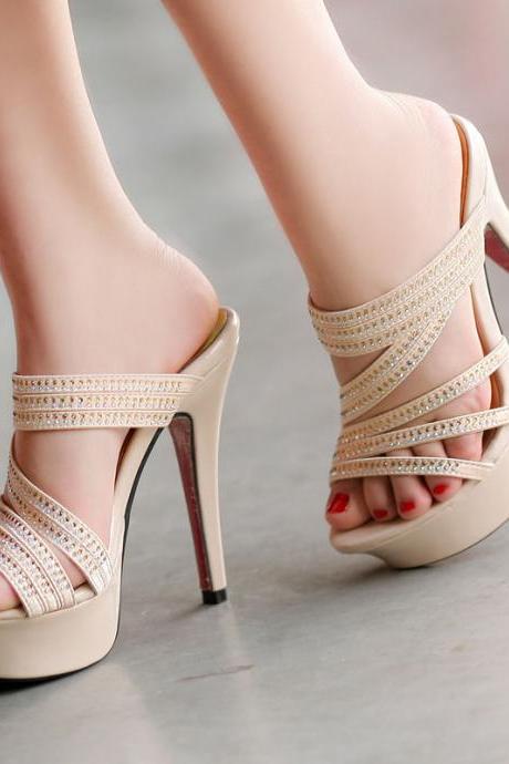 Sexy Womens High Heels Slippers Peeptoe Platform Sandals Strappy Rhinestone SHoe