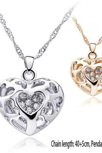 Chic Silver/Gold Plated Rhinestone Pierced Heart Necklace Pendant Charm Jewelry