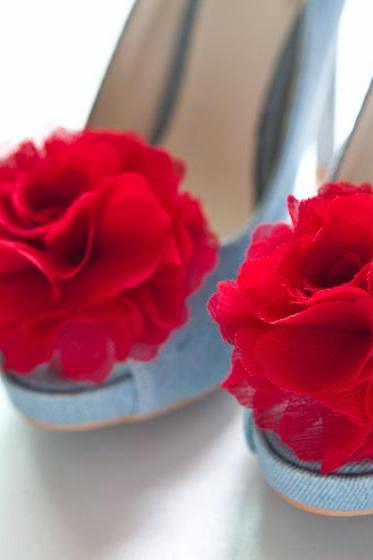 1 Pair(Set of 2)-RED-Chiffon flower shoe clips for bridal wedding/Choose your color