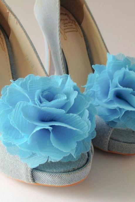 1 pair (Set of 2) Aqua blue Chiffon flower shoe clips for bridal wedding /Choose your color