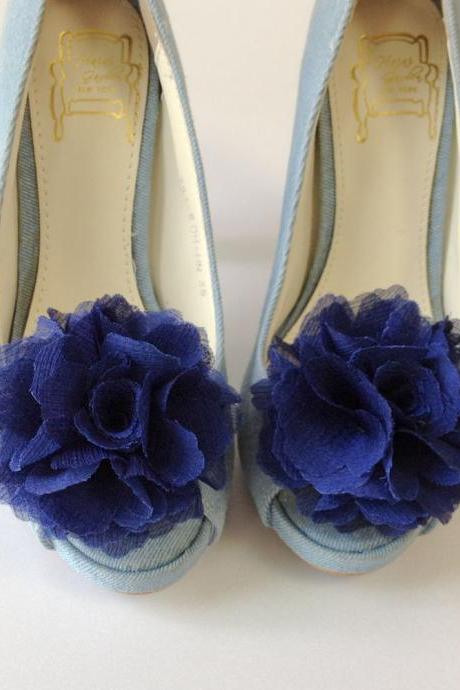 1 pair (Set of 2) Navy Blue Chiffon flower shoe clips for bridal wedding /Choose your color