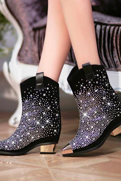 Black Pointed Toe Leather Low Blocked Heel Rhinestones Boots