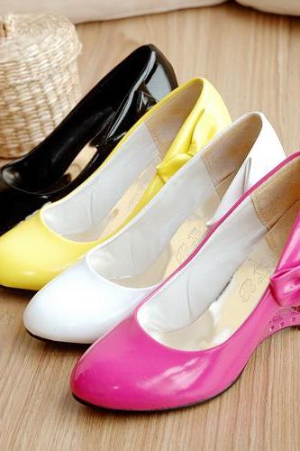 Women's Fashion PU Preppy Pumps Chic Wedge Heels Cute Bow Shoes AU Plus