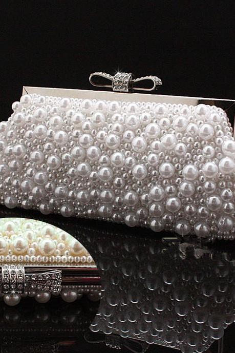 women's Beaded Evening Bag Imitation Pearls Beads Clutch bag with Chain Purse