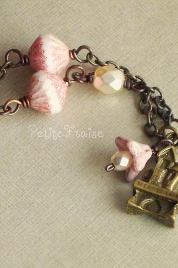 Once upon a time, in a castle... - 'Treasures' collection, fairytale necklace, vintage style, pink and brass