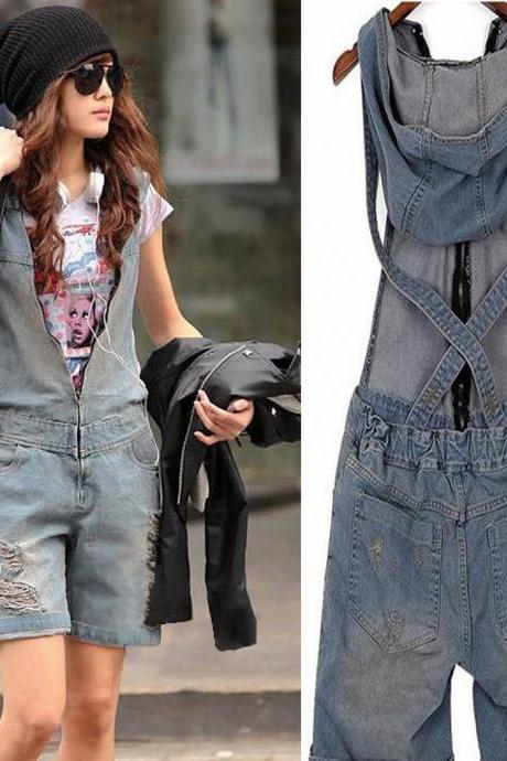 Vintage Women Washed Jeans Denim Casual Hole Short Jumpsuit Romper Overall Pants