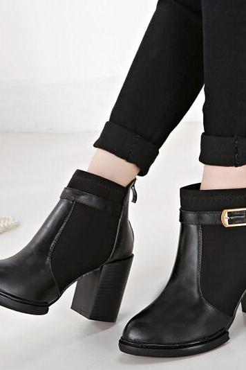 Short Boots Pointed Toe Color Block Chunky Heel Black Casual Boots